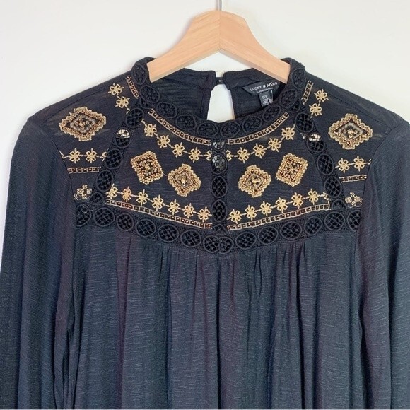 Lucky Brand Black Gold Embroidered Long Sleeve Blouse Size S Women - Picture 8 of 11
